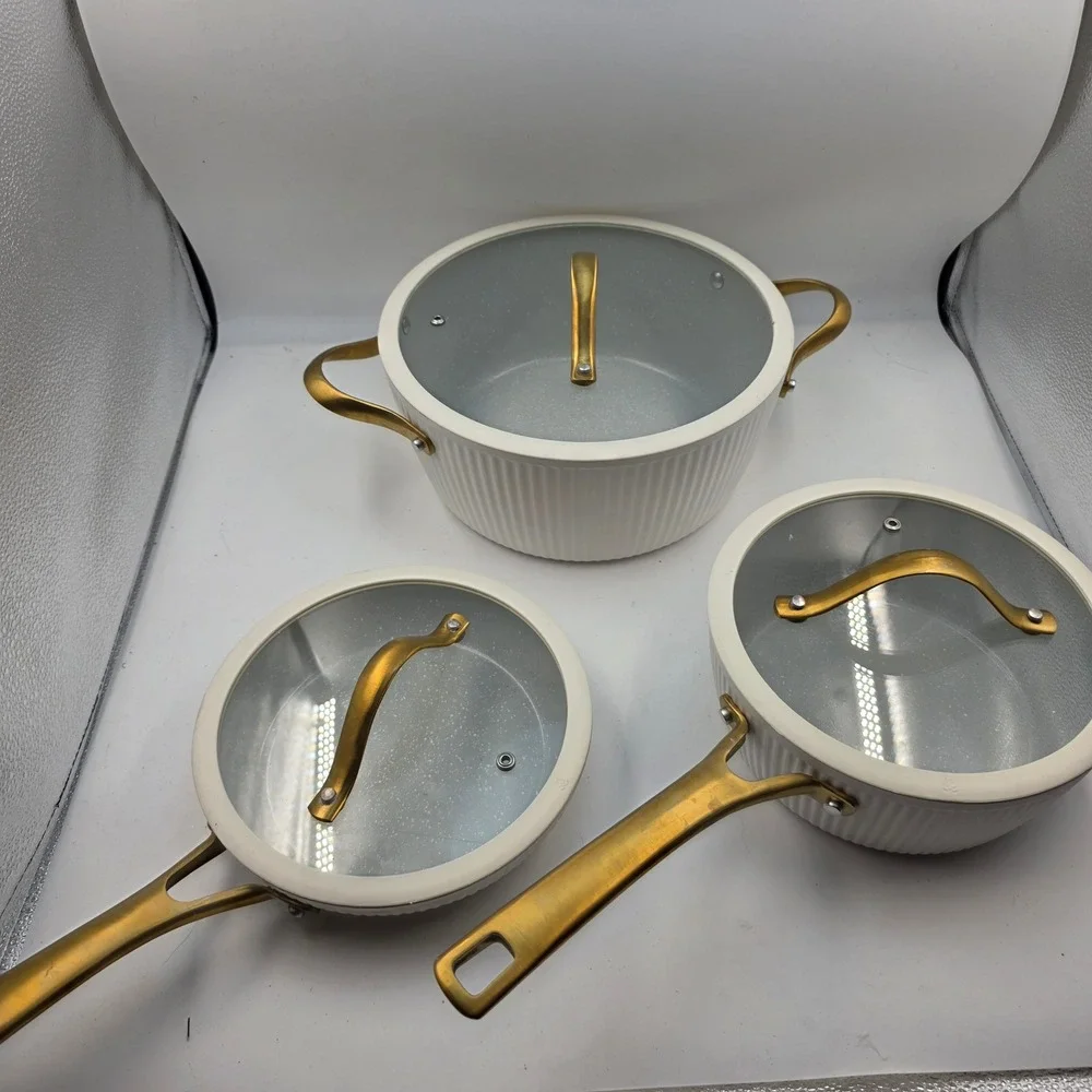 Thyme & Table 6 Piece Cookware Set Cream White Gold Handles Non-Stick Ribbed L3